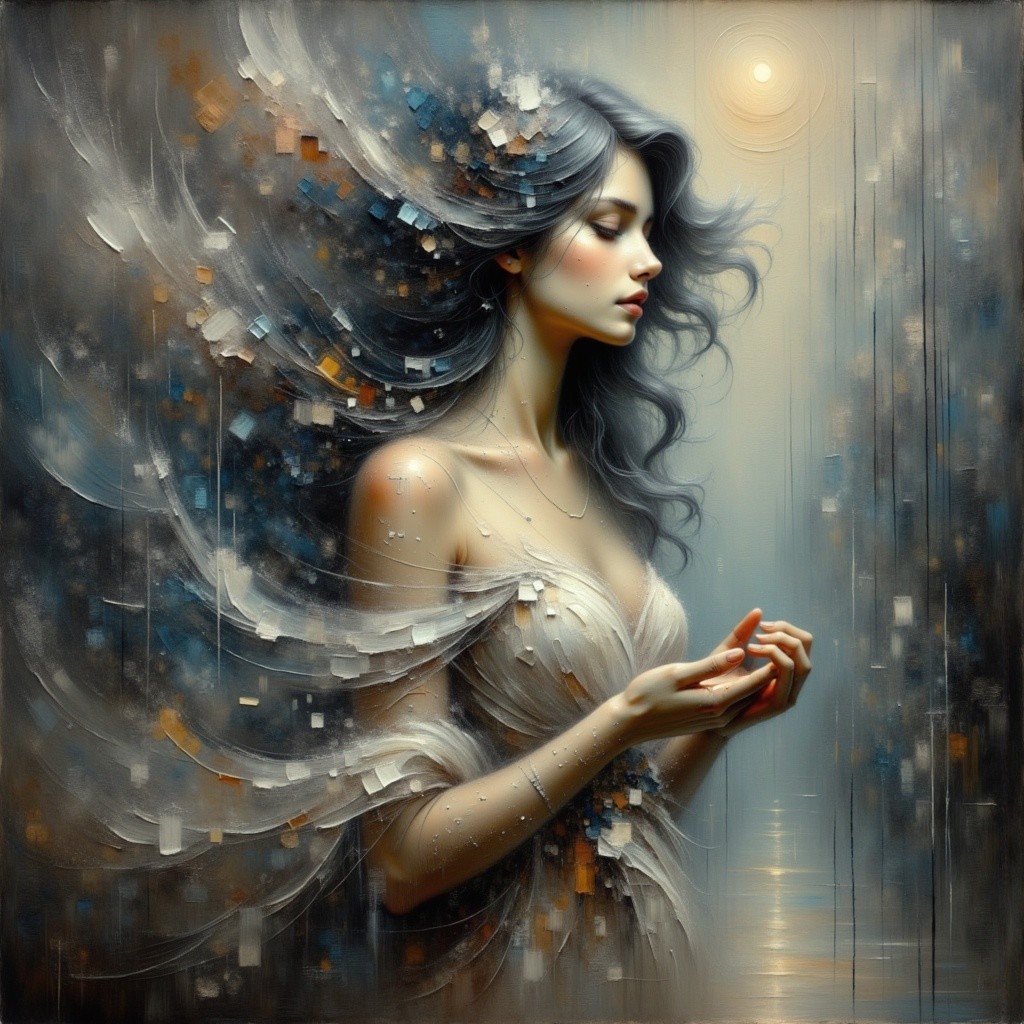 Ethereal Woman with Flowing Hair and Abstract Patterns