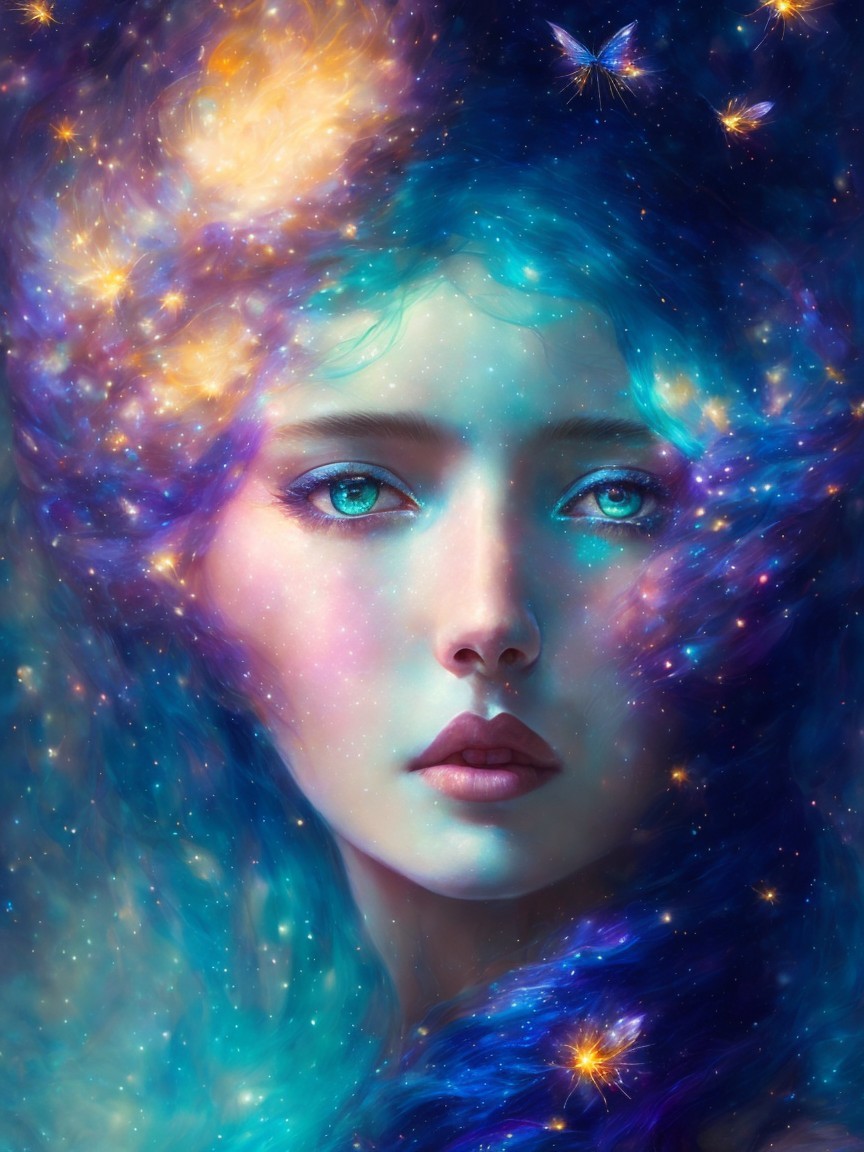 Portrait of a woman with cosmic hair and butterflies