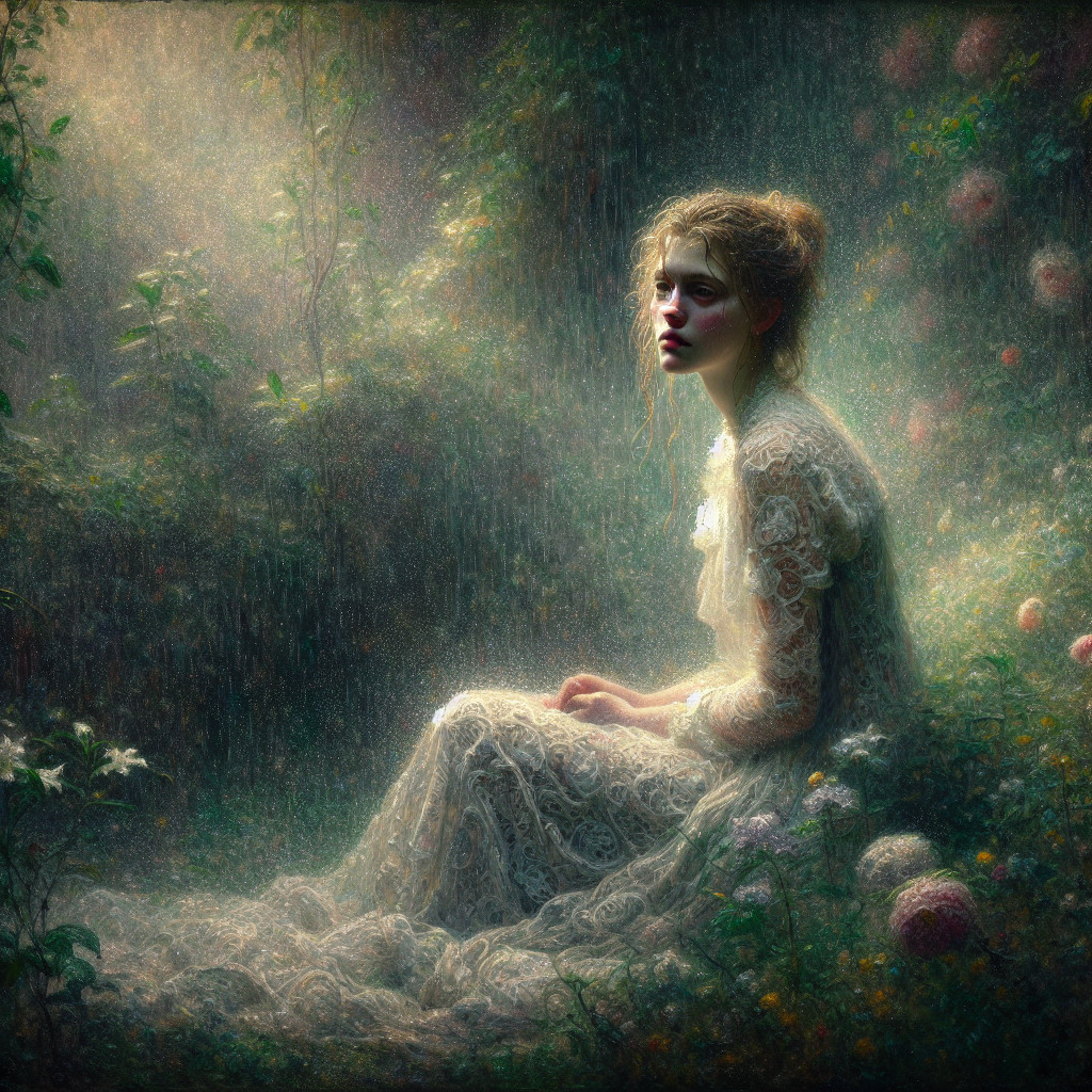 Young woman in vintage lace dress in ethereal garden