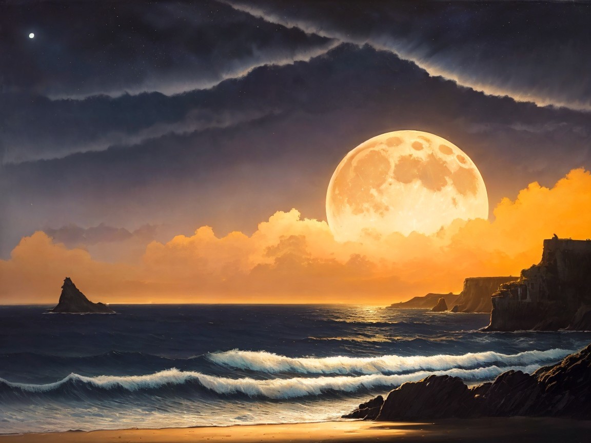 Seaside Landscape at Dusk with Full Moon and Waves