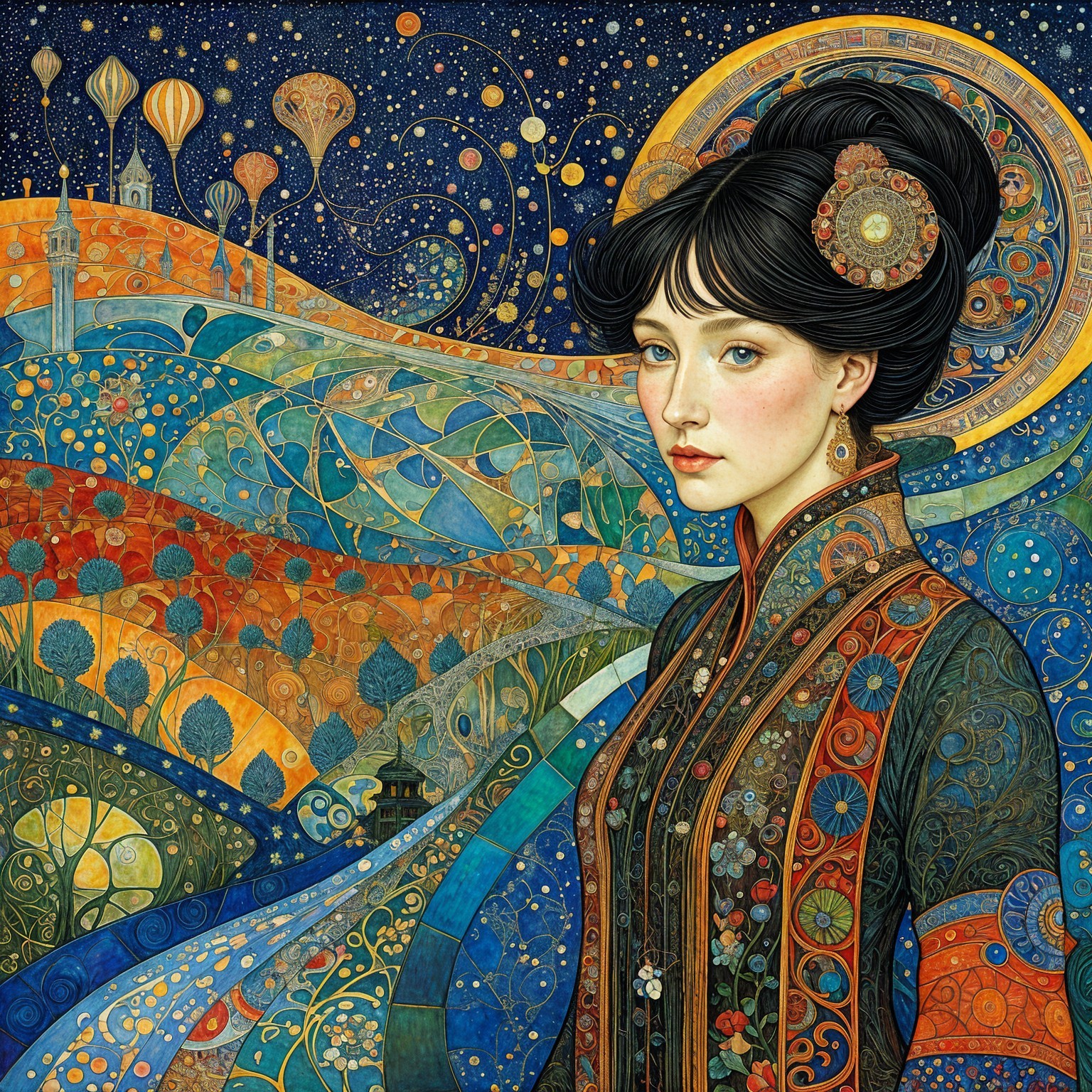 Serene Young Woman in Dreamlike Colorful Landscape