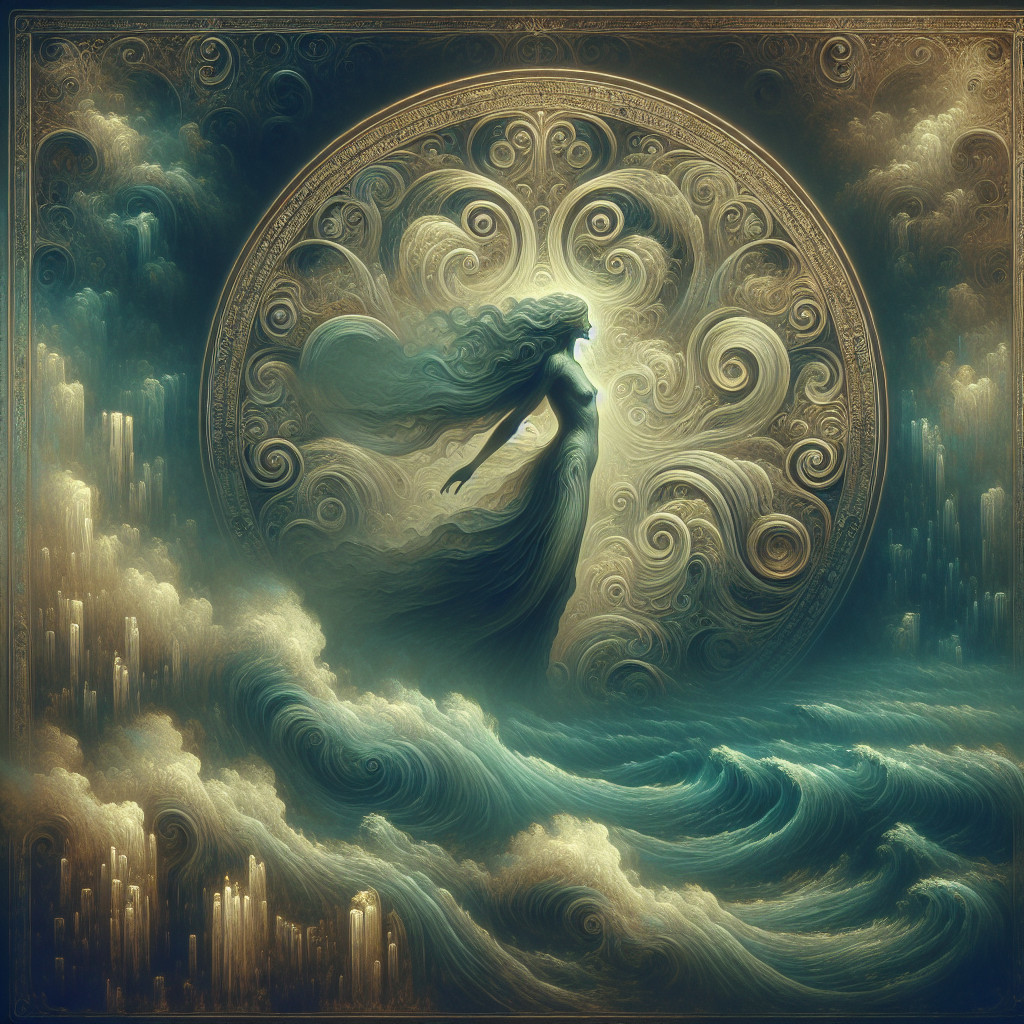 Mystical Figure in Ethereal Waves and Clouds