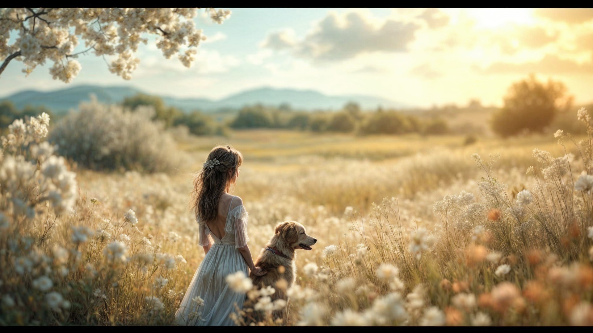 Young girl in white dress with dog in sunlit field