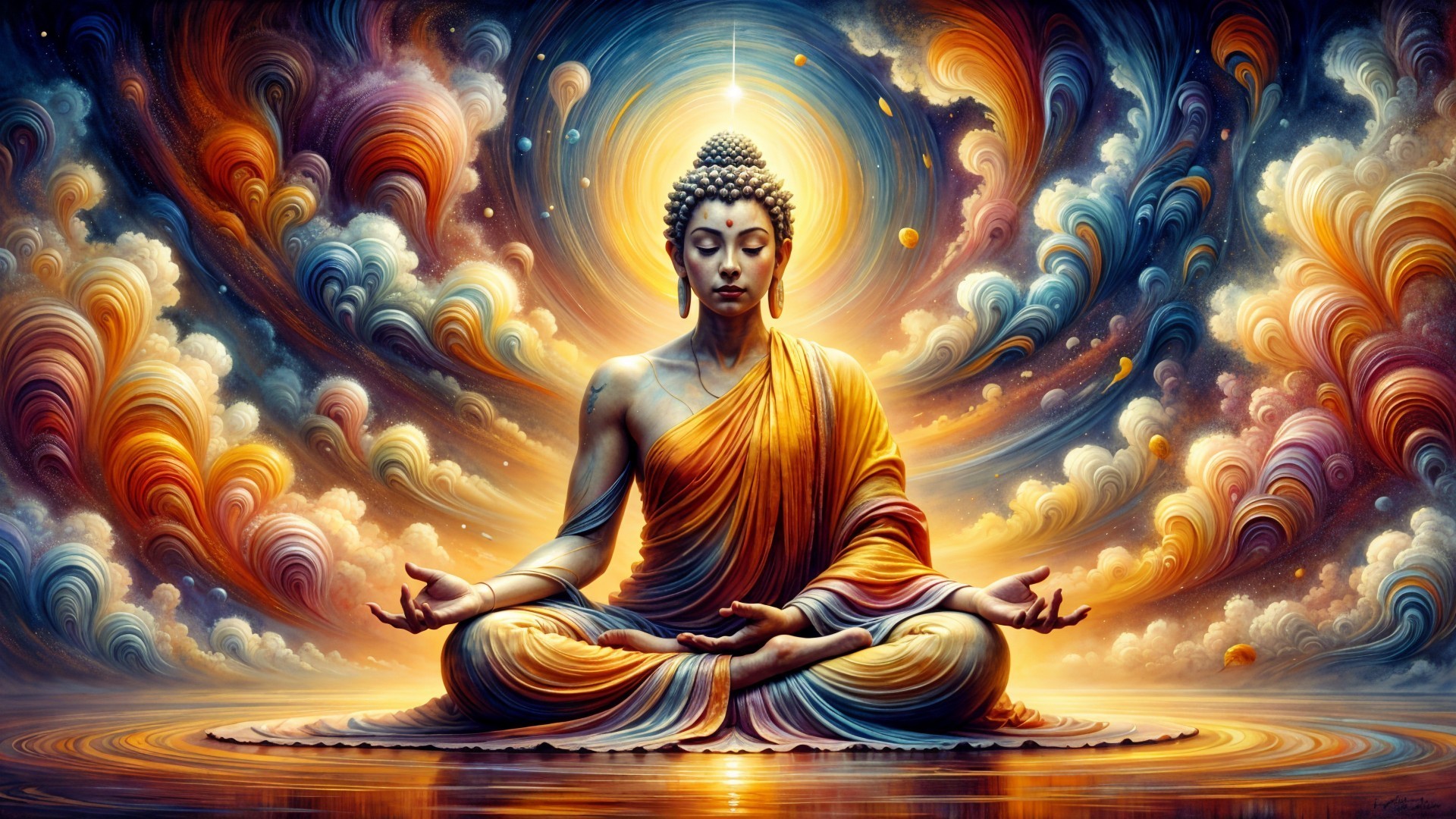 Serene Buddha in Meditation with Colorful Clouds
