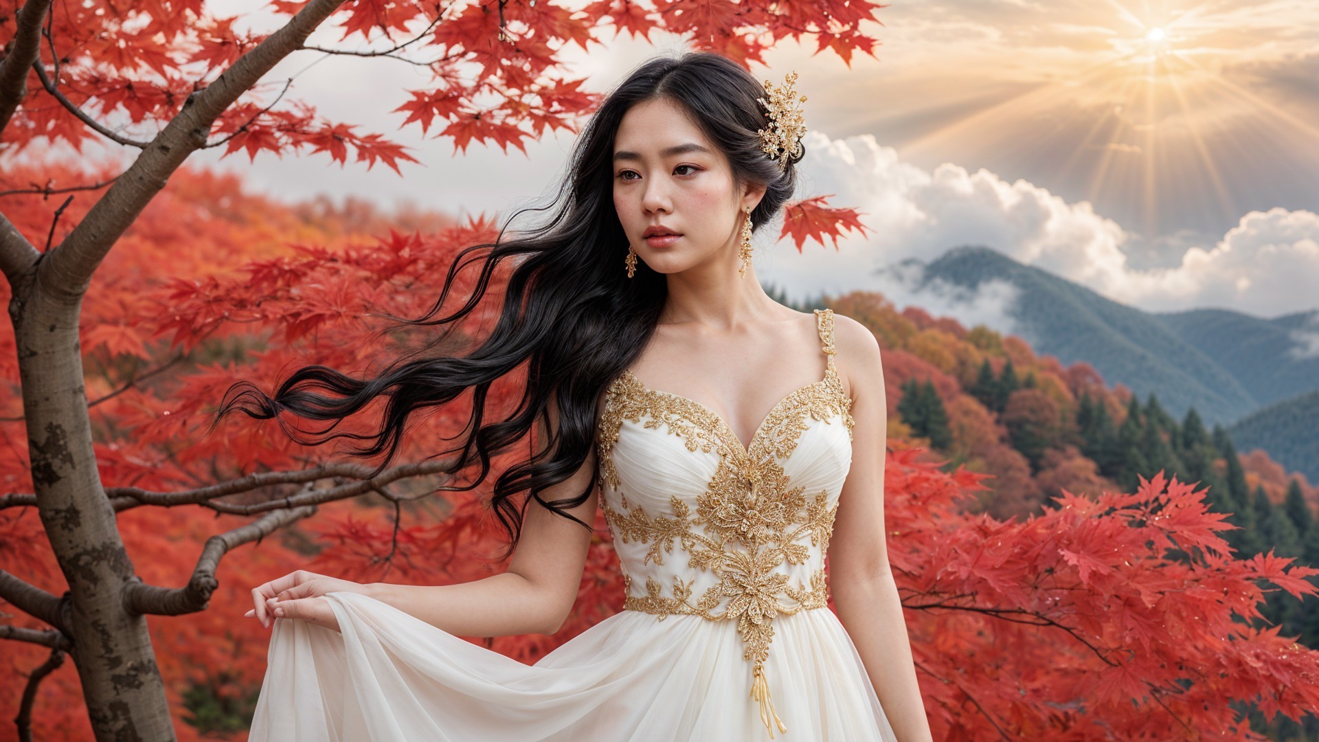 Young Woman in White Gown Among Autumn Maple Leaves