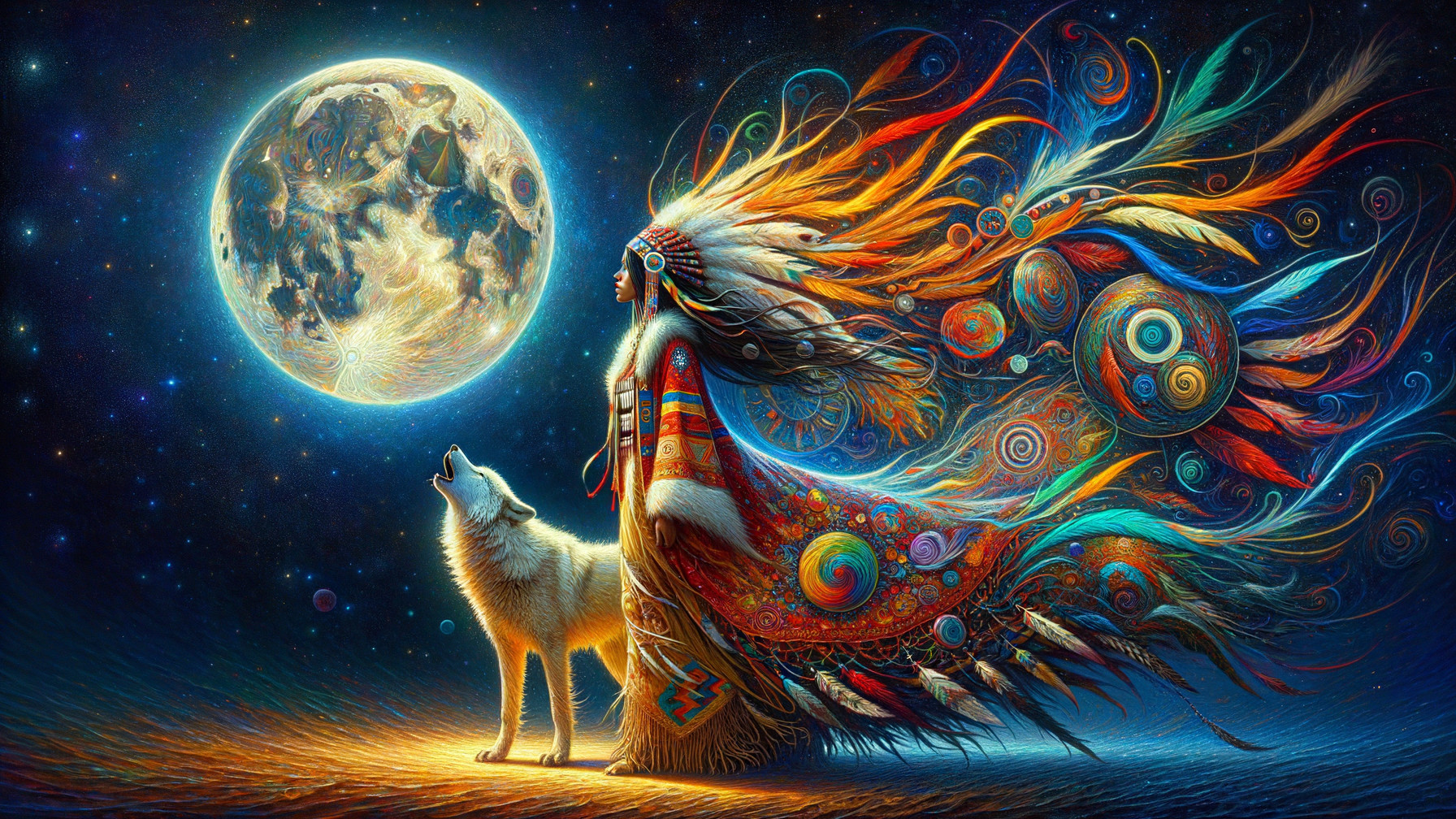 Native American Woman and Wolf Under Full Moon