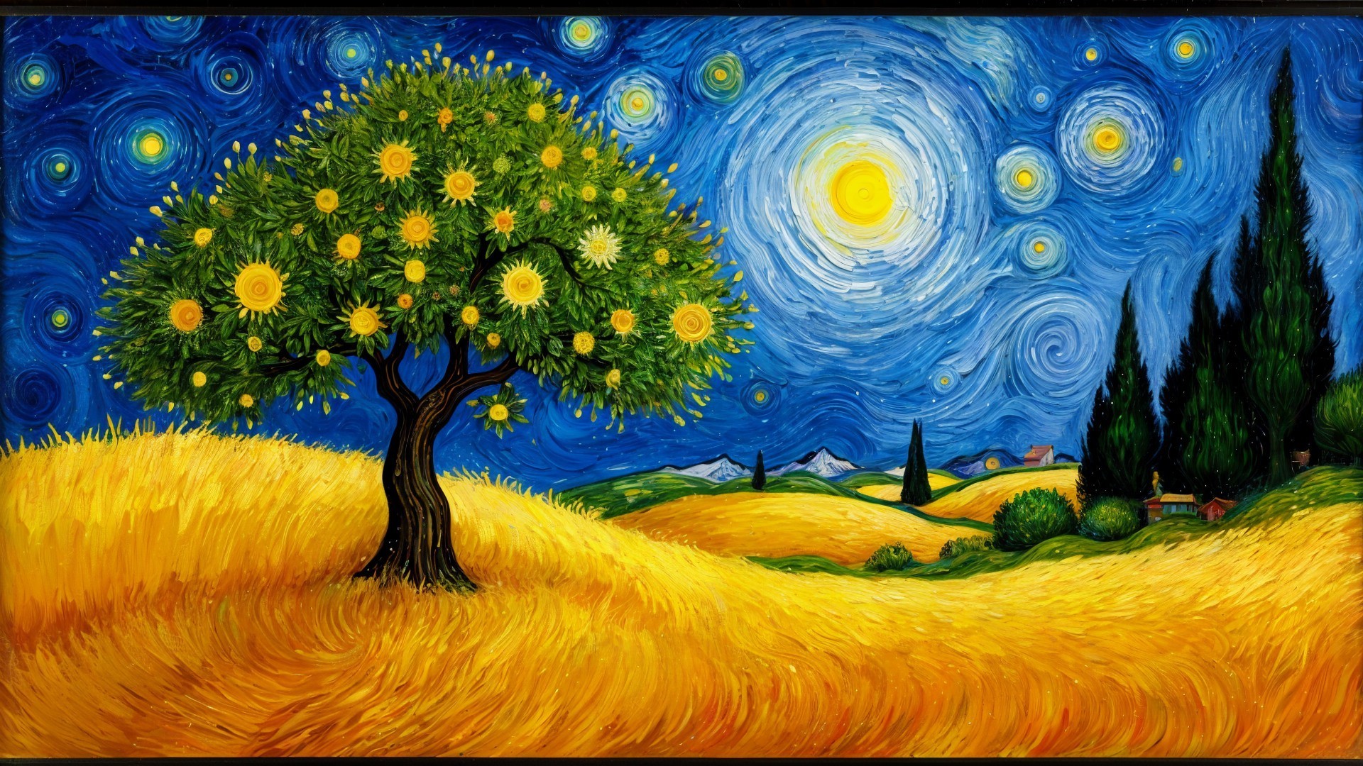 Vibrant landscape with golden fields and night sky