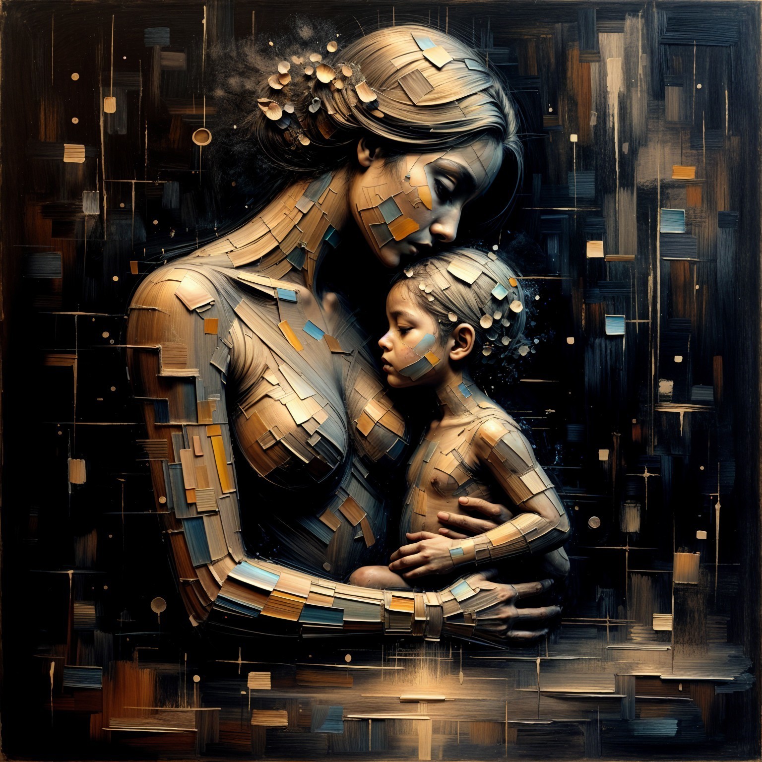 Surreal Artwork of Mother and Child with Abstract Patterns