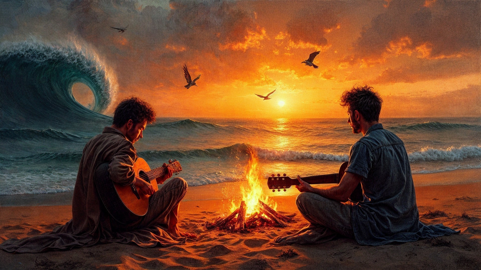 Campfire Scene with Guitars on Sunset Beach