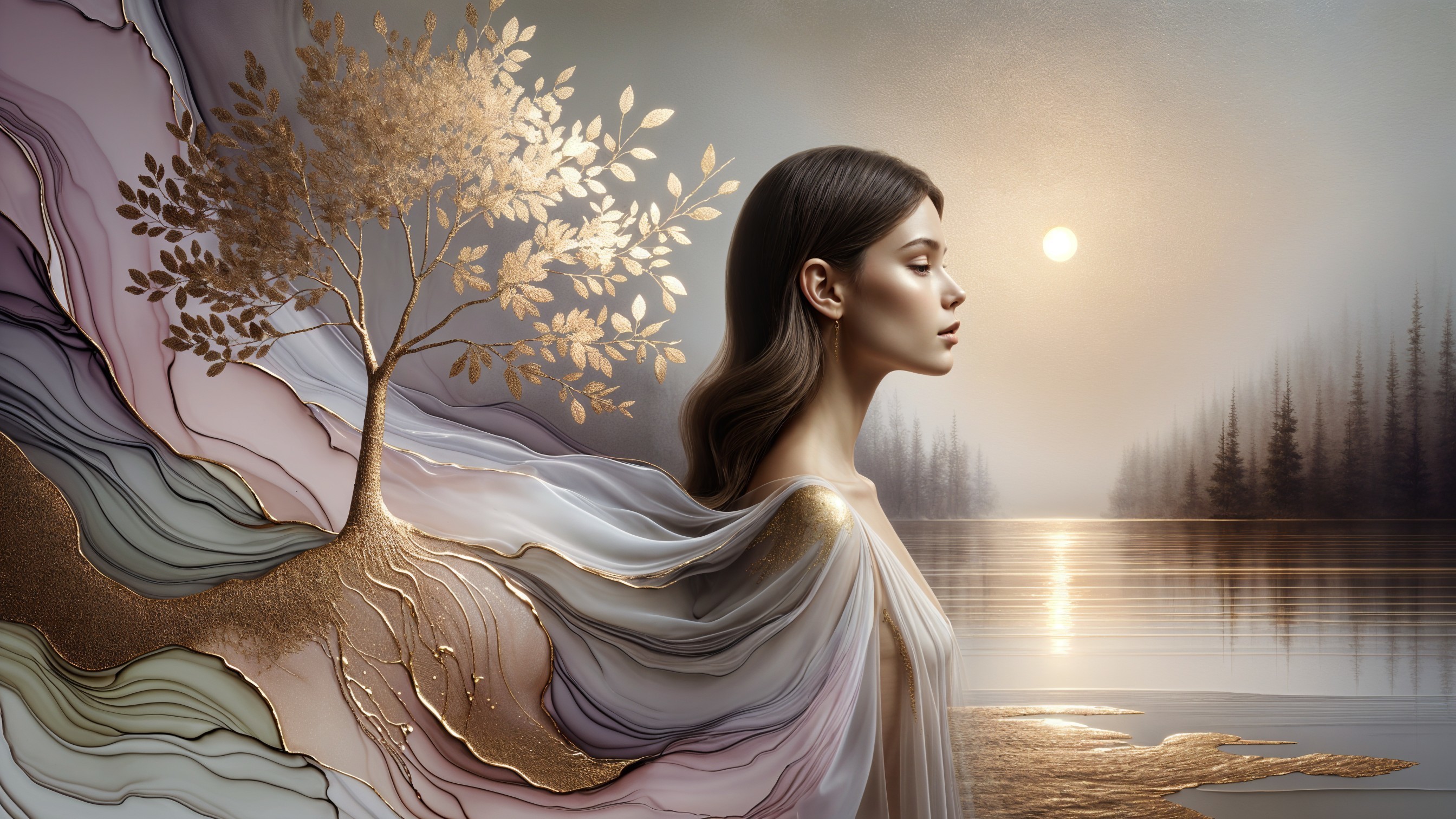 Serene Woman Profile with Abstract Pastel Elements