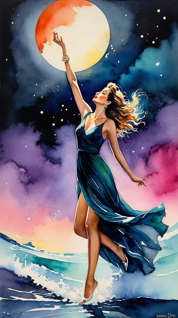 Watercolor Painting of Woman Reaching for the Moon