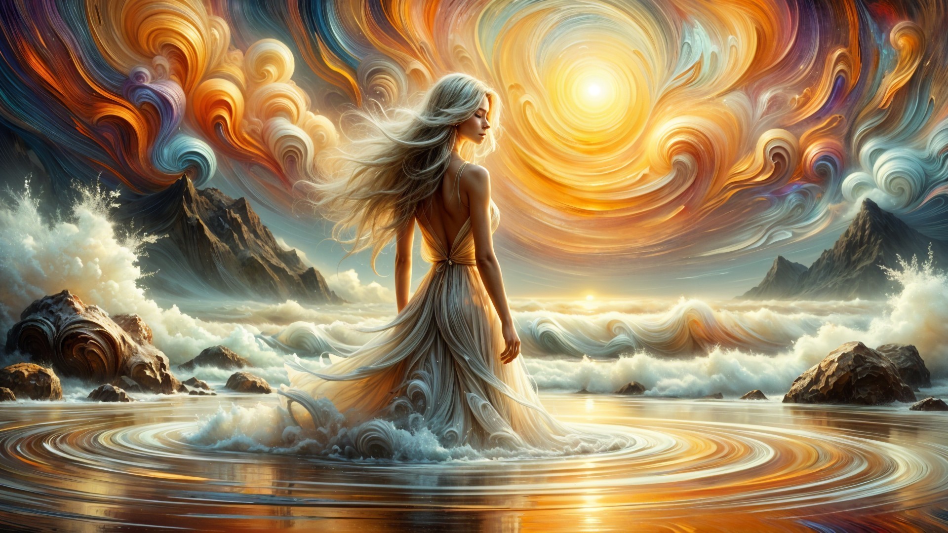 Serene figure in shimmering water with vibrant clouds