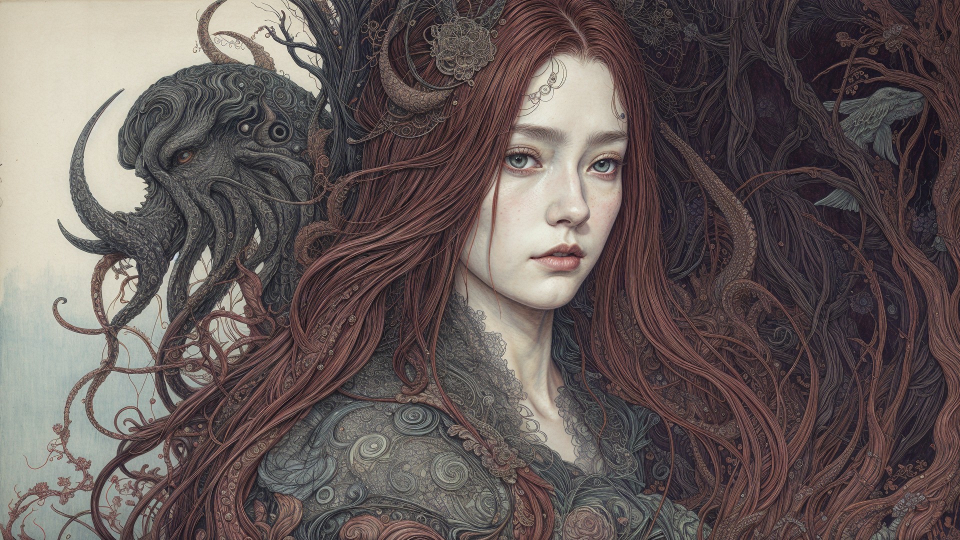 Haunting Woman with Red Hair and Tentacled Creature