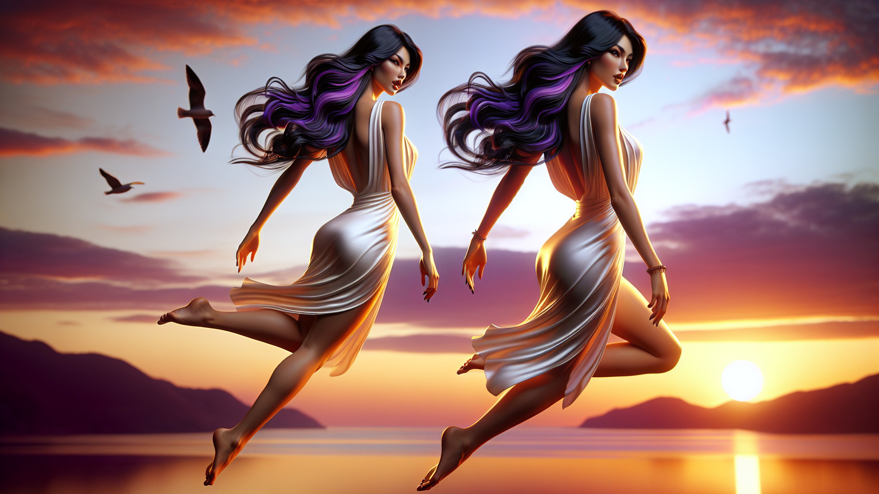 Sunset Scene with Ethereal Figures Over Water