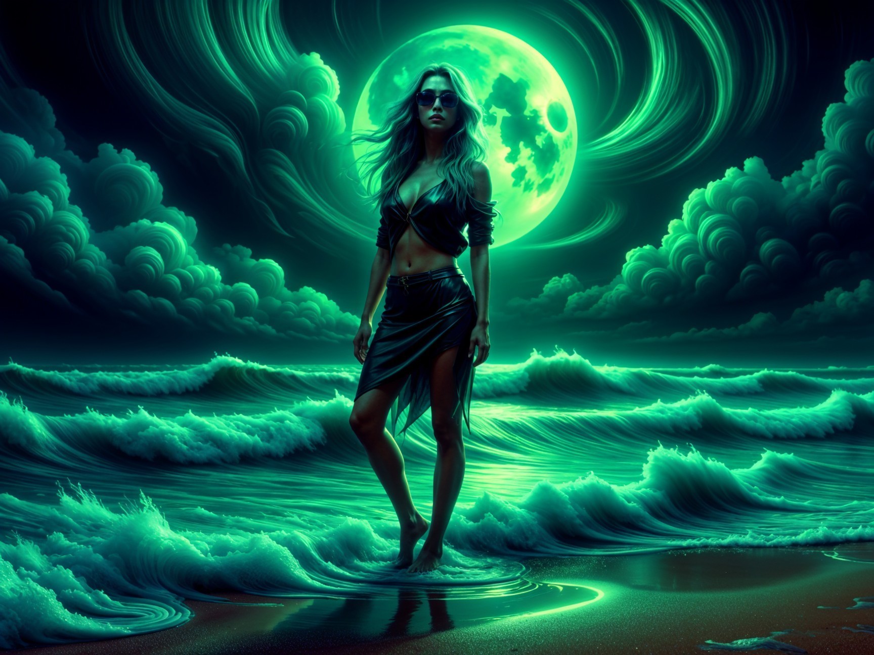 Mysterious Figure in Water Under Glowing Moonlight