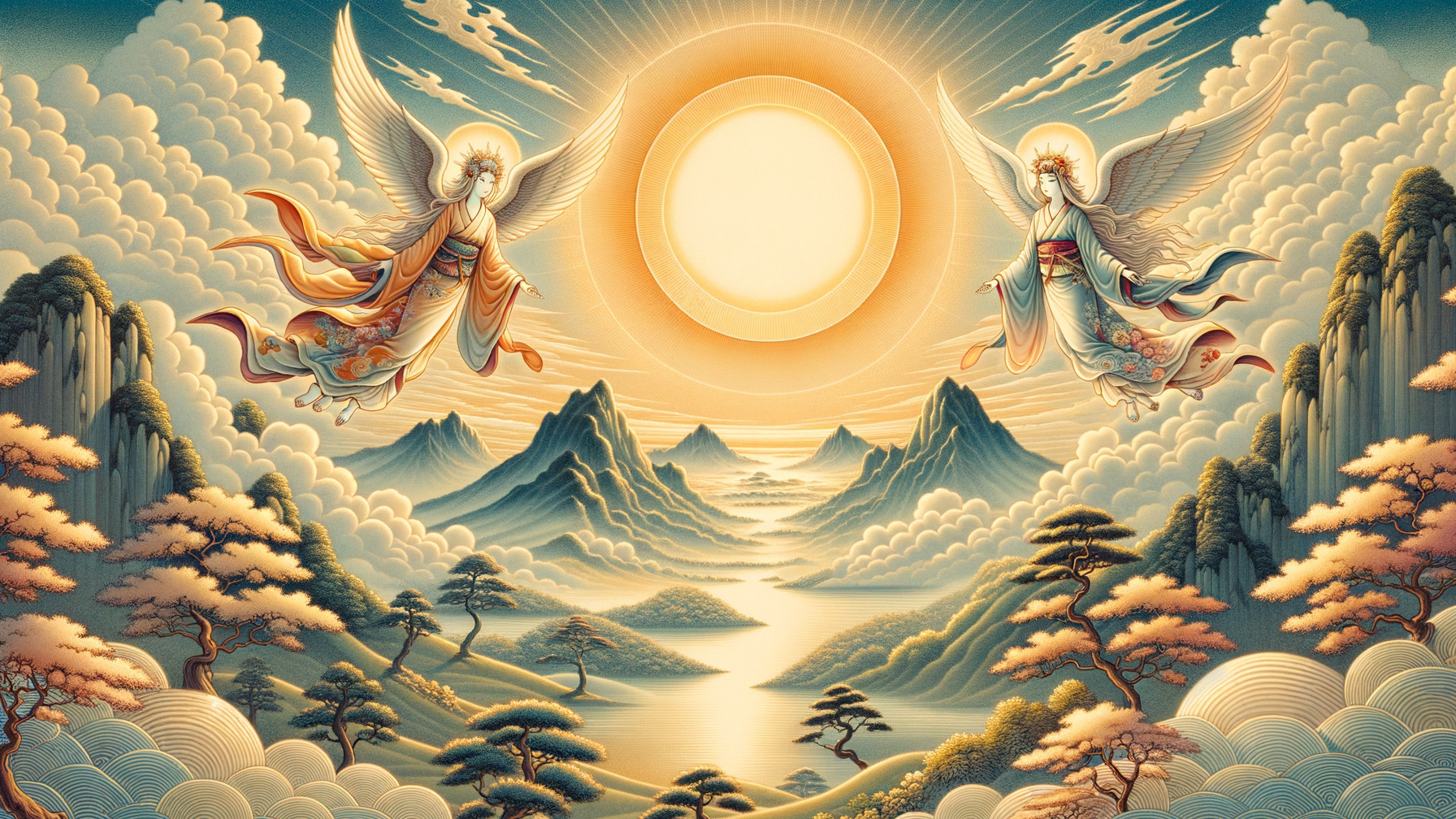 Majestic Mountains and Angels in a Serene Landscape