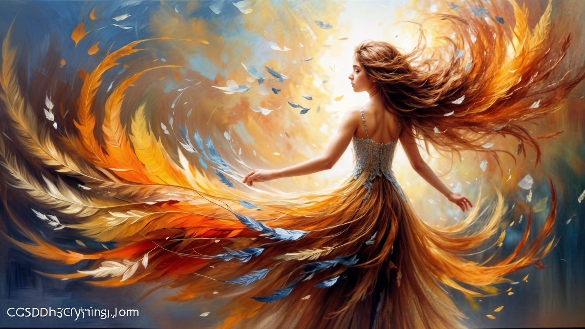 Graceful Figure in Vibrant Feather Gown with Leaves
