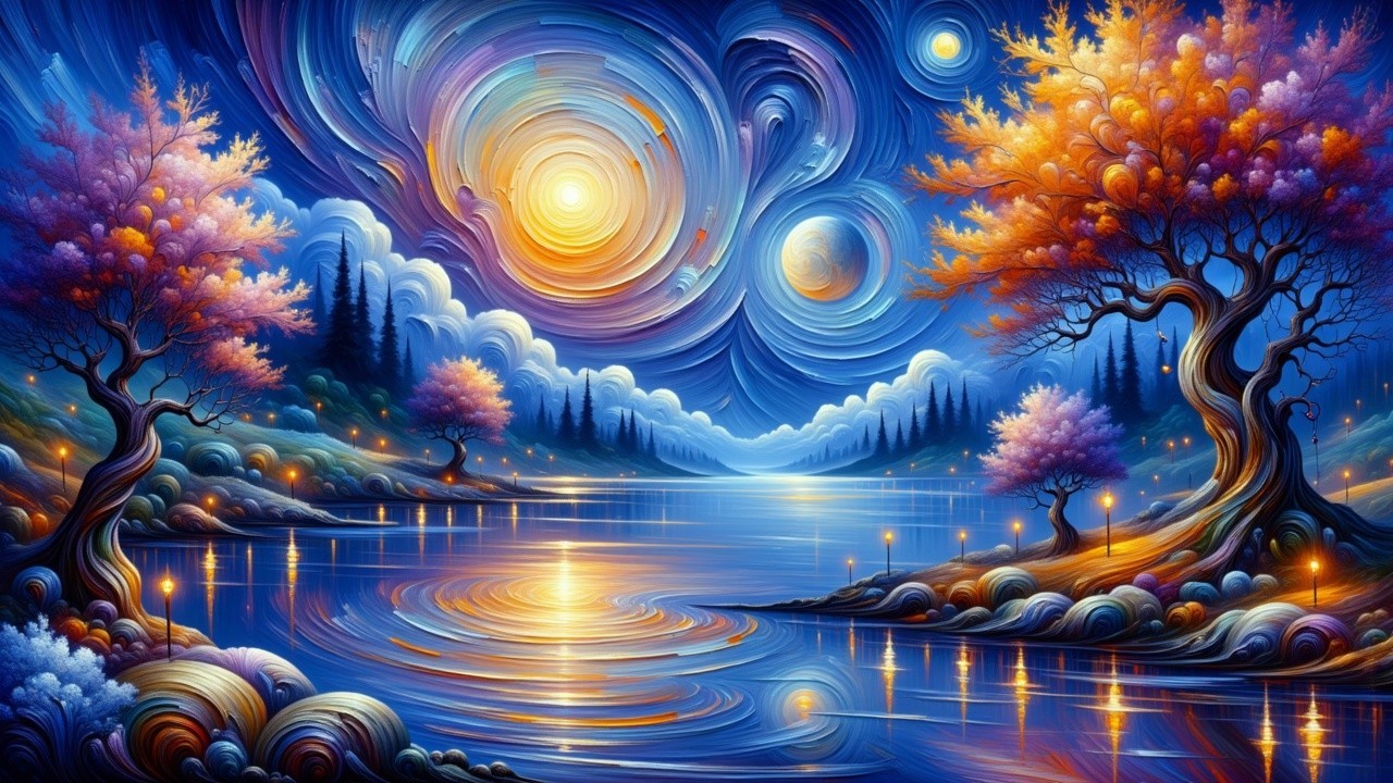Vibrant Dreamlike Landscape with Celestial Reflections