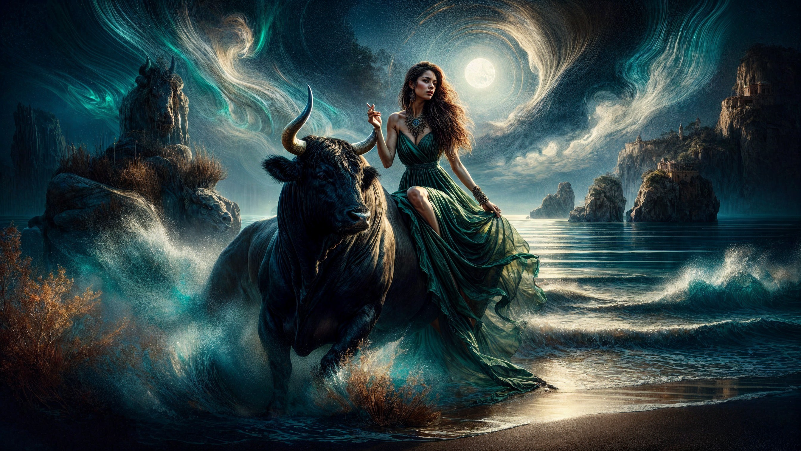 Mystical Night Scene with Woman on Bull by Ocean