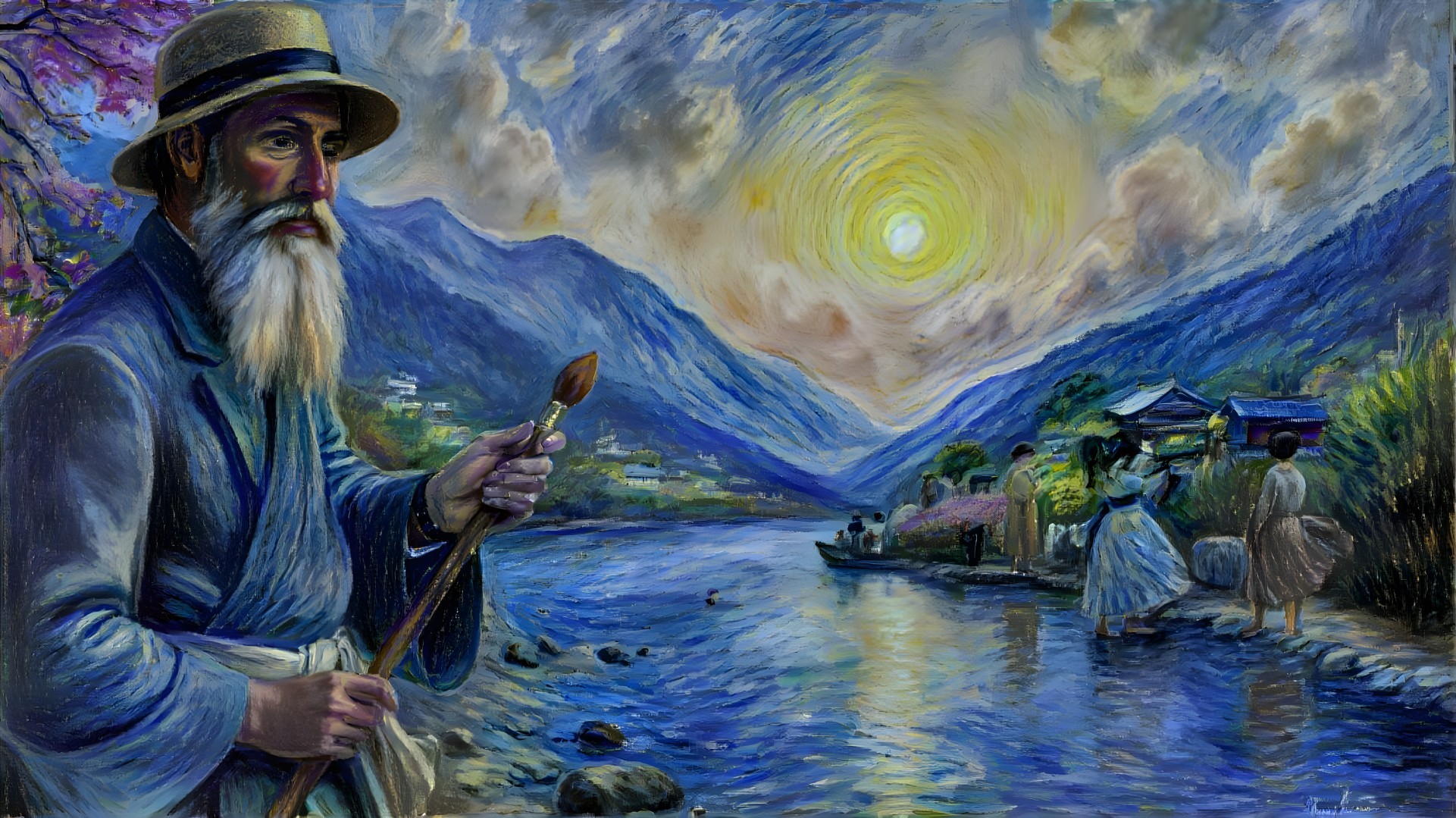 Serene riverside landscape with a thoughtful figure