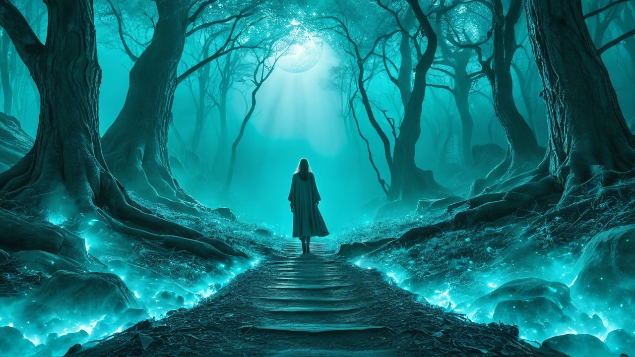 Lone Figure in Cloak at Mystical Forest Edge