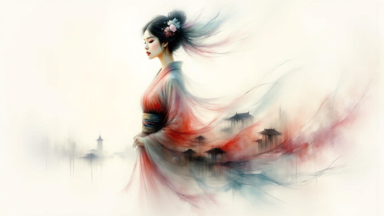 Serene Woman in Traditional Attire with Ethereal Background
