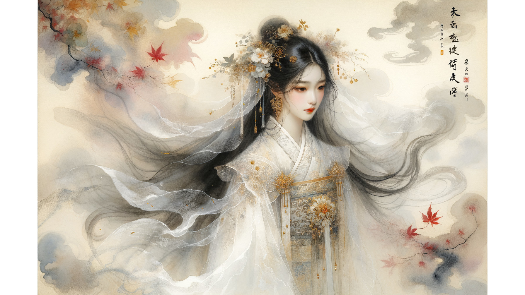 Graceful figure in traditional gown with autumn backdrop
