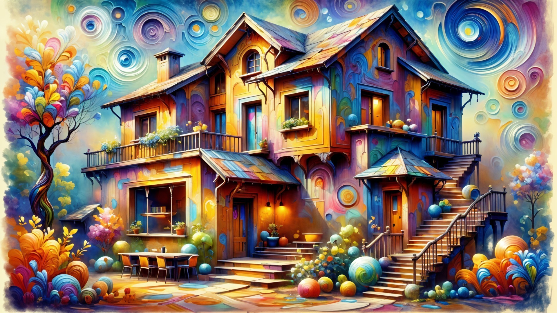 Colorful Whimsical House with Playful Garden Elements