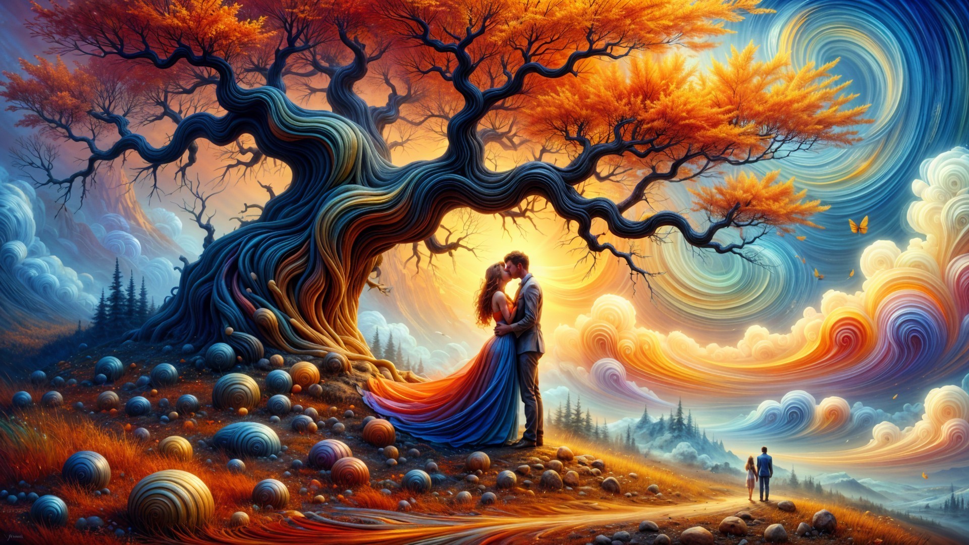 Vibrant Landscape with Intricate Tree and Embrace