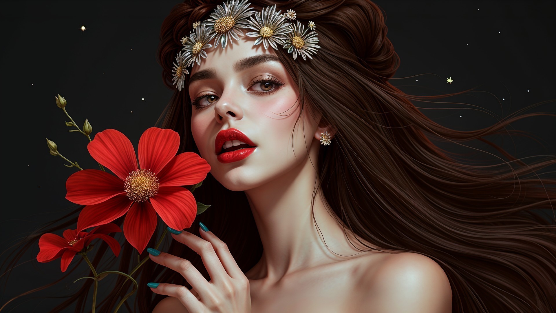 Young woman with flowers and bold red accents