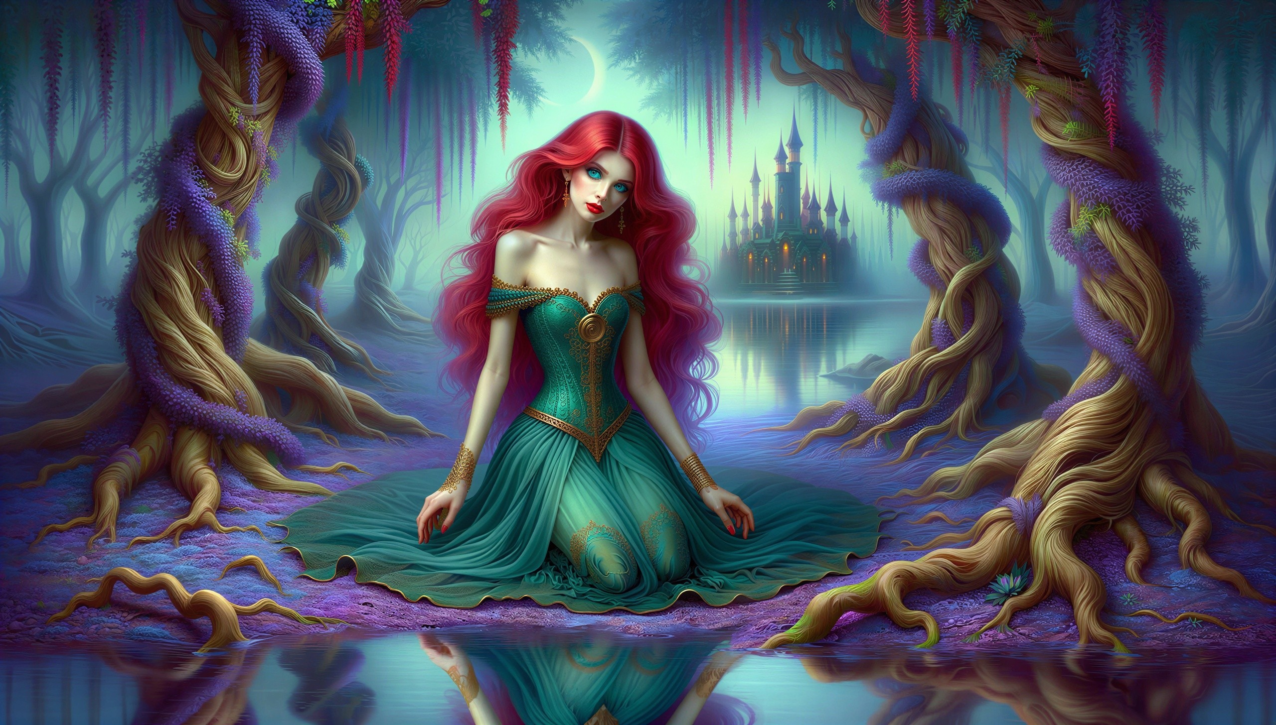 Digital painting of a woman in emerald dress and red hair