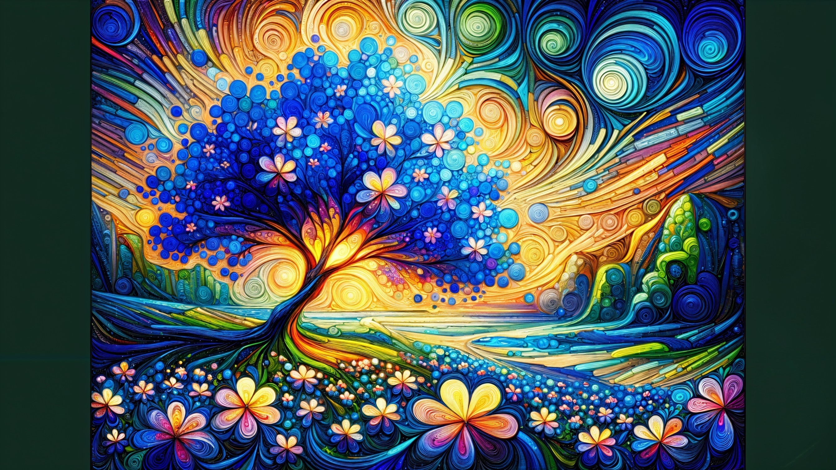 Vibrant Landscape with Majestic Tree and Waterway