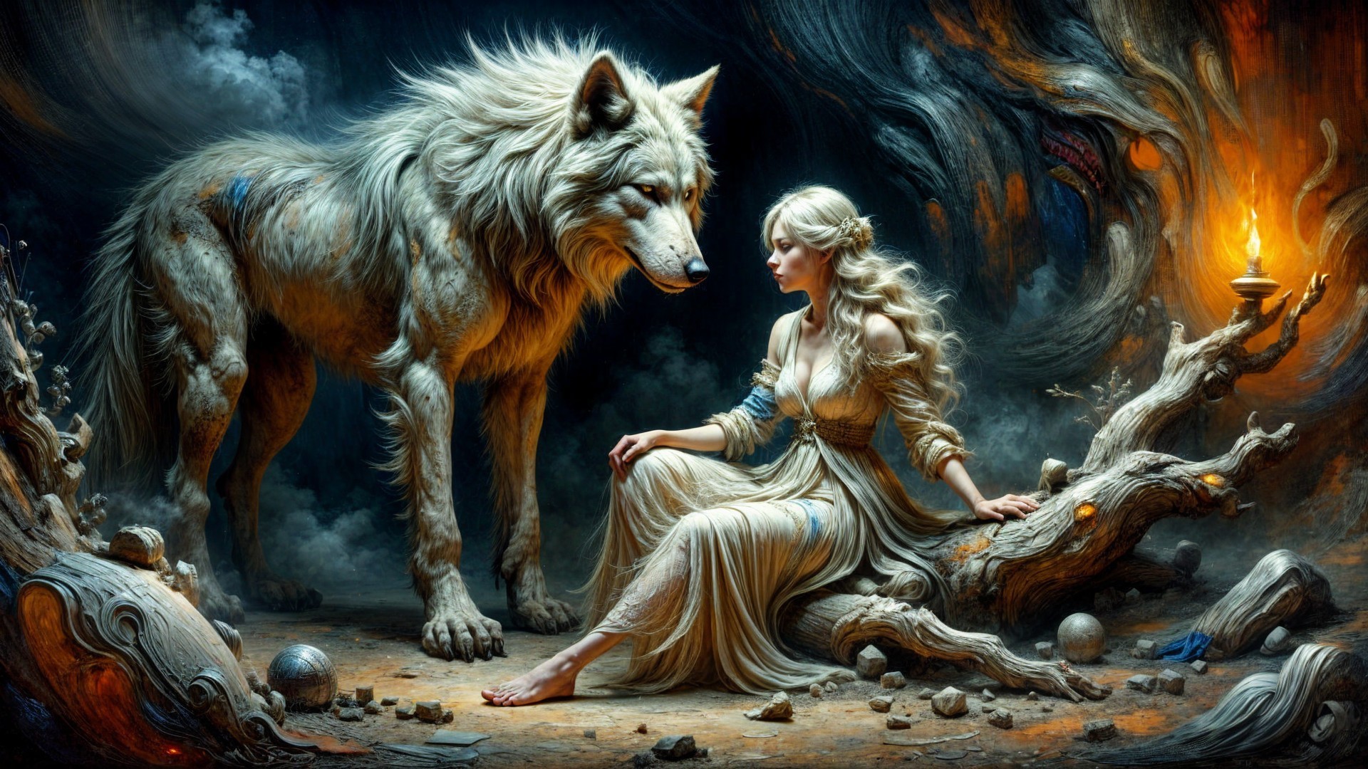 Woman in Gown with White Wolf in Mystical Setting