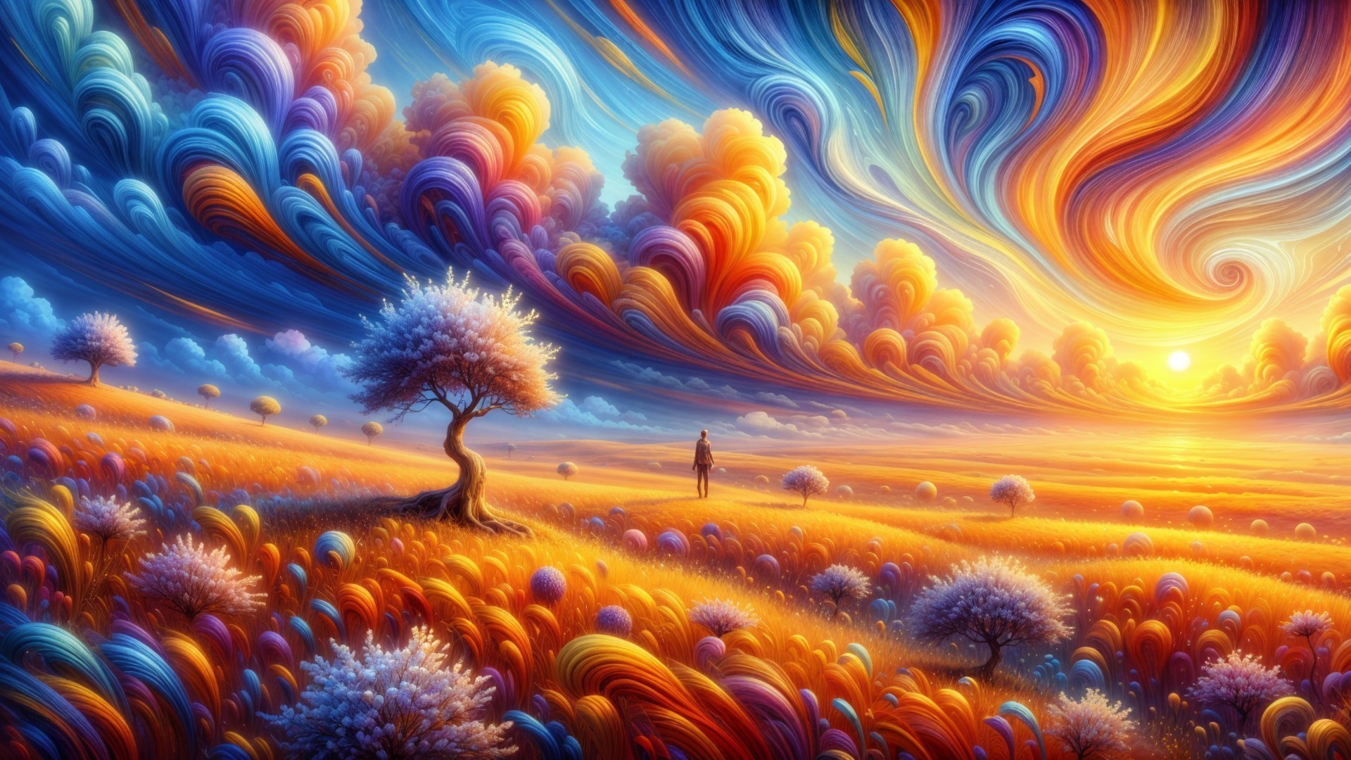 Surreal Landscape with Vibrant Clouds and Trees