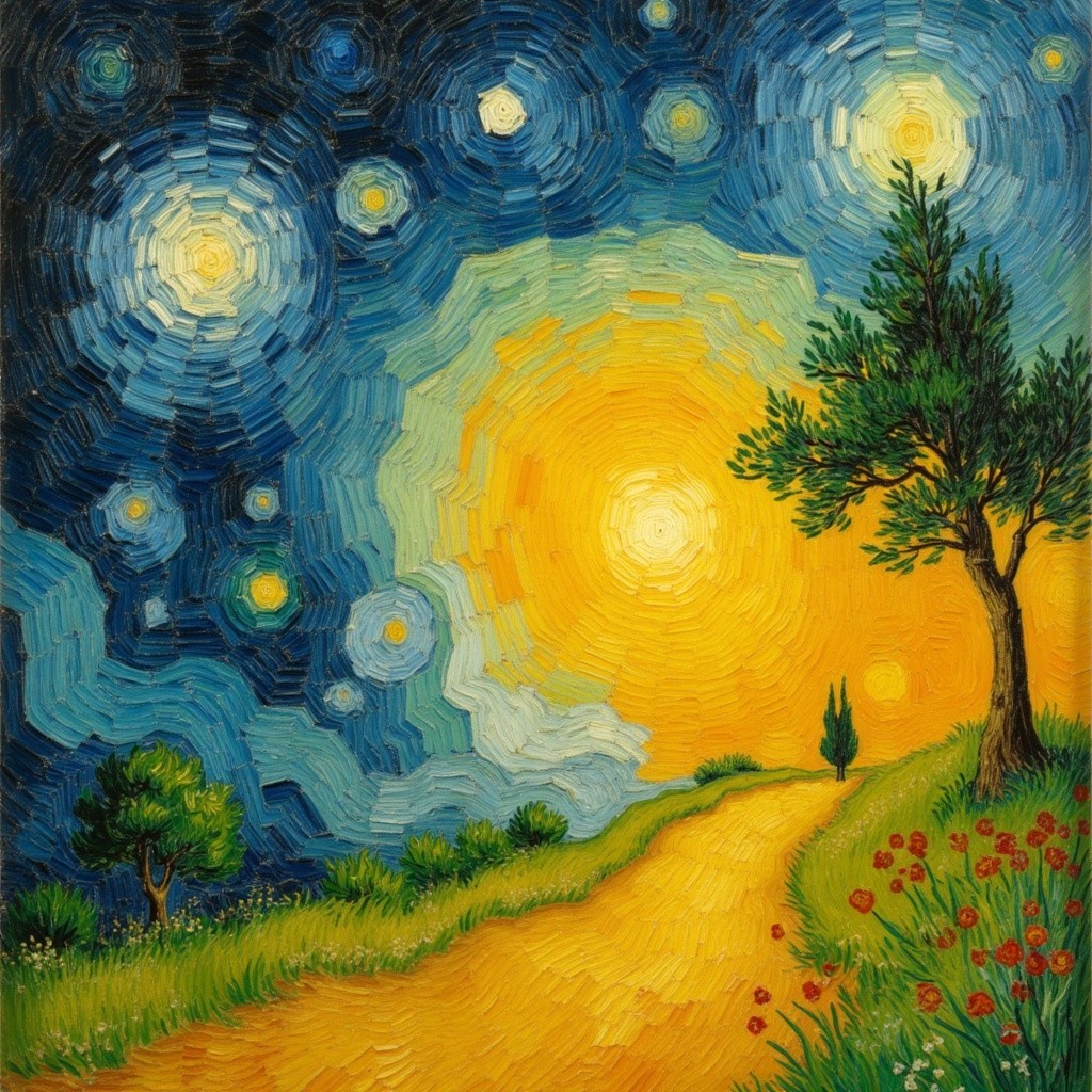 Vibrant Landscape with Winding Path and Swirling Sky