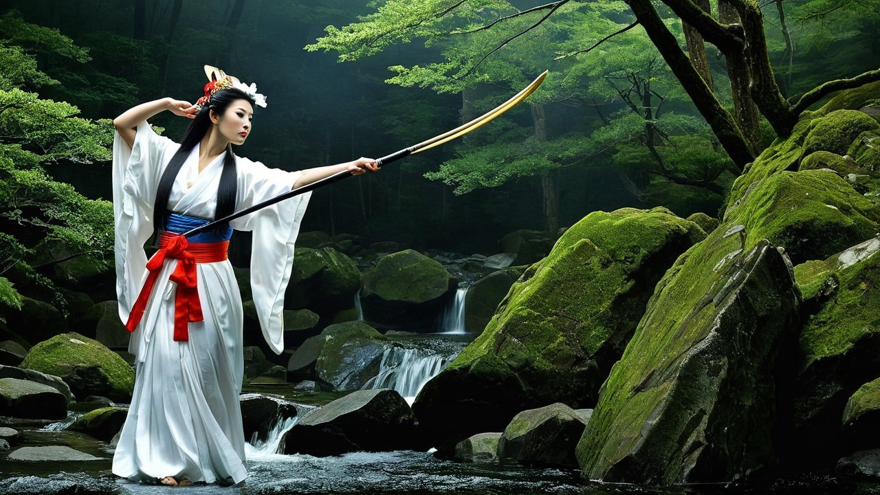 Traditional Japanese Figure with Sword by Stream