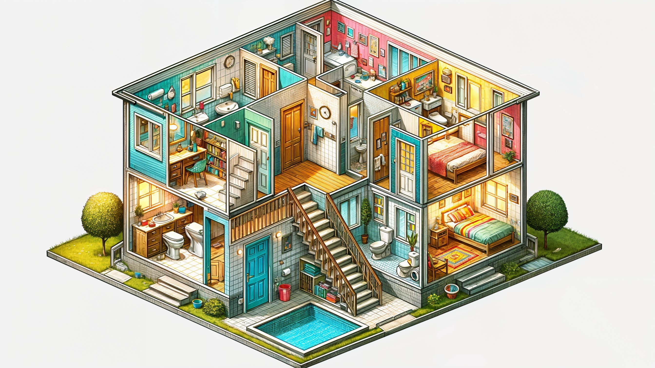 Isometric Illustration of a Two-Story House Design