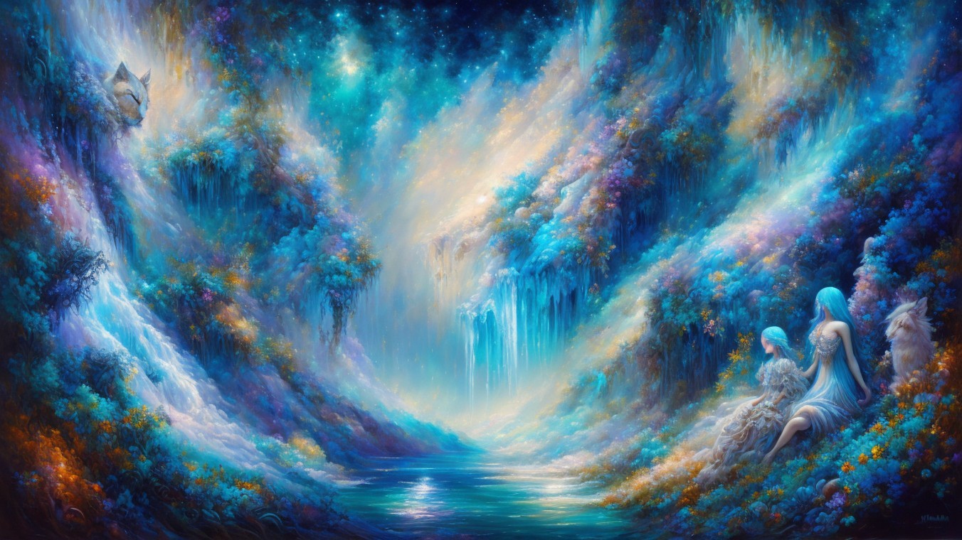 Ethereal Figures by a Serene Reflective River