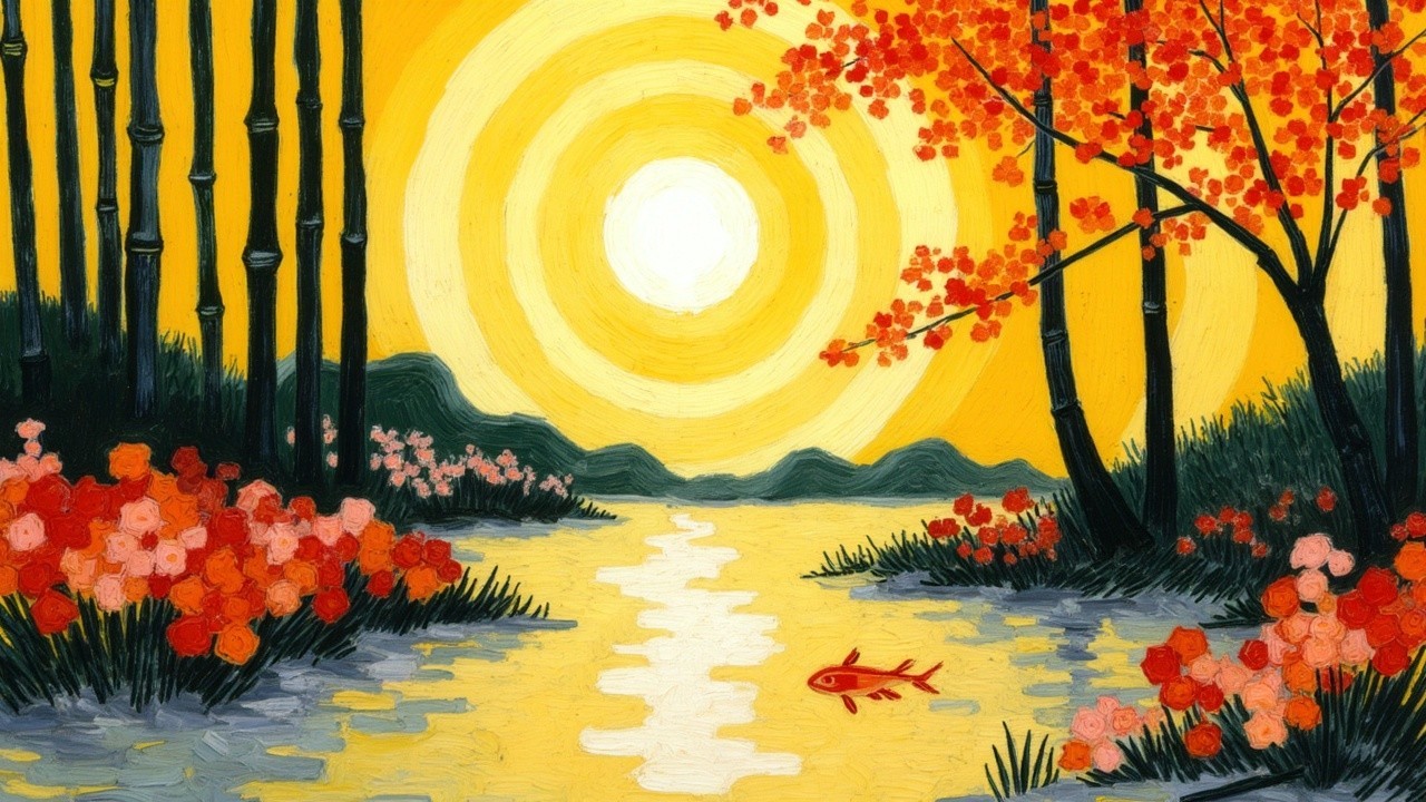 Vibrant Landscape with Sun, River, and Koi Fish
