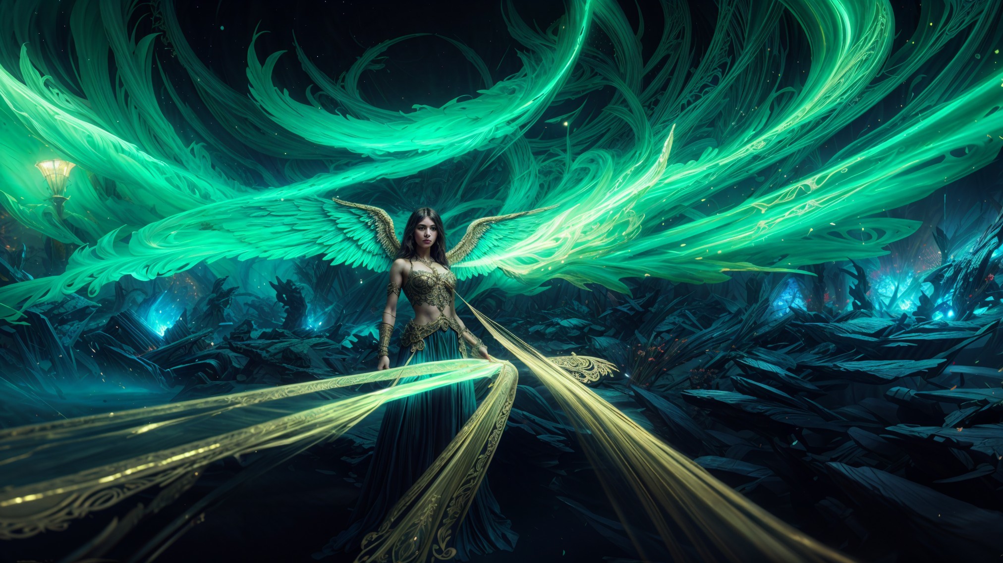 Ethereal Figure with Green Wings in Mystical Realm