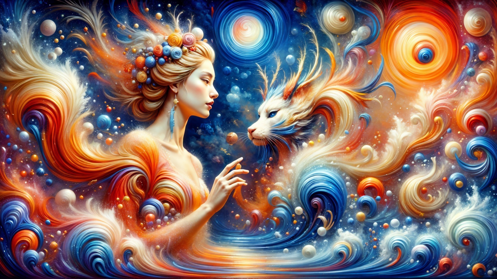 Serene Woman and Mythical Creature in Cosmic Landscape