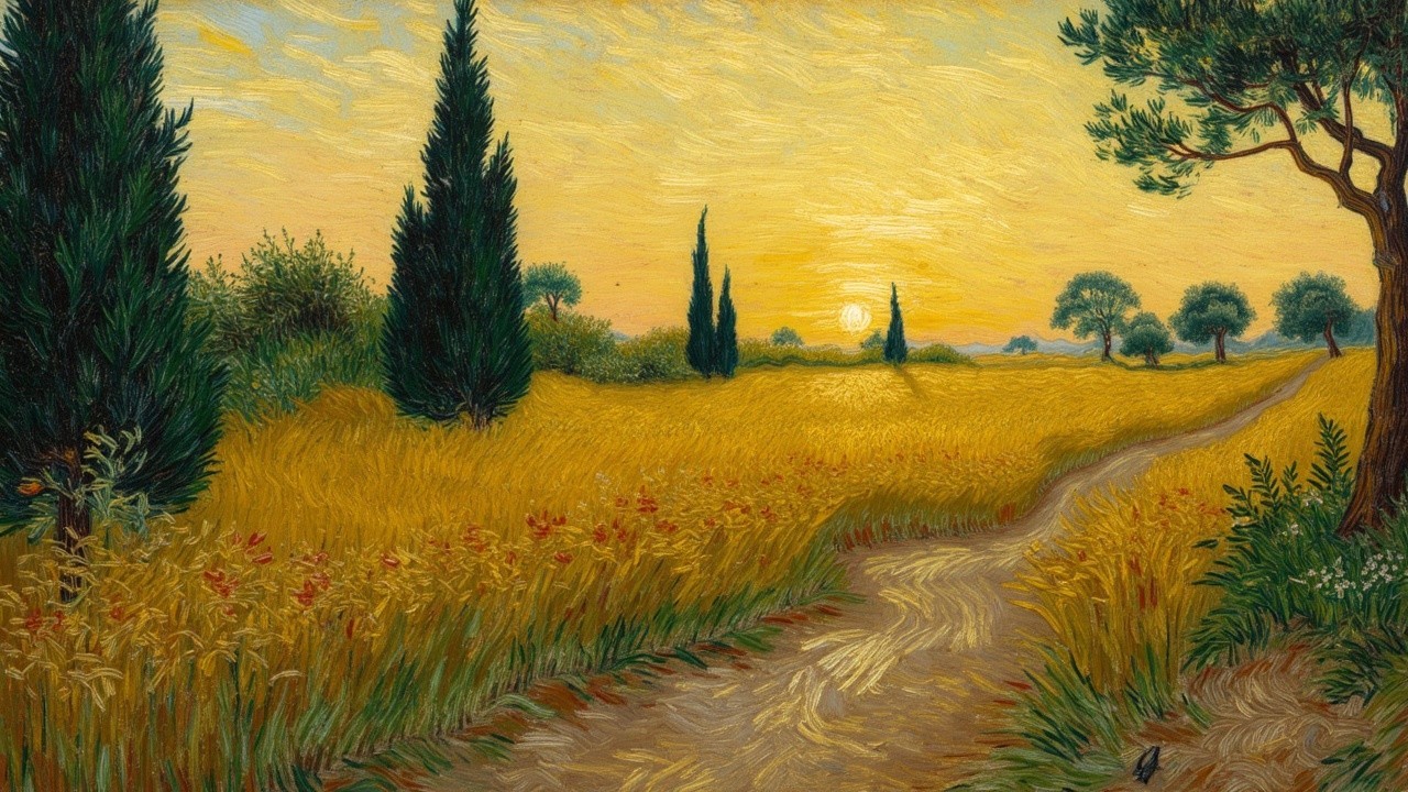 Vibrant Sunset Over Golden Wheat Field and Cypress Trees