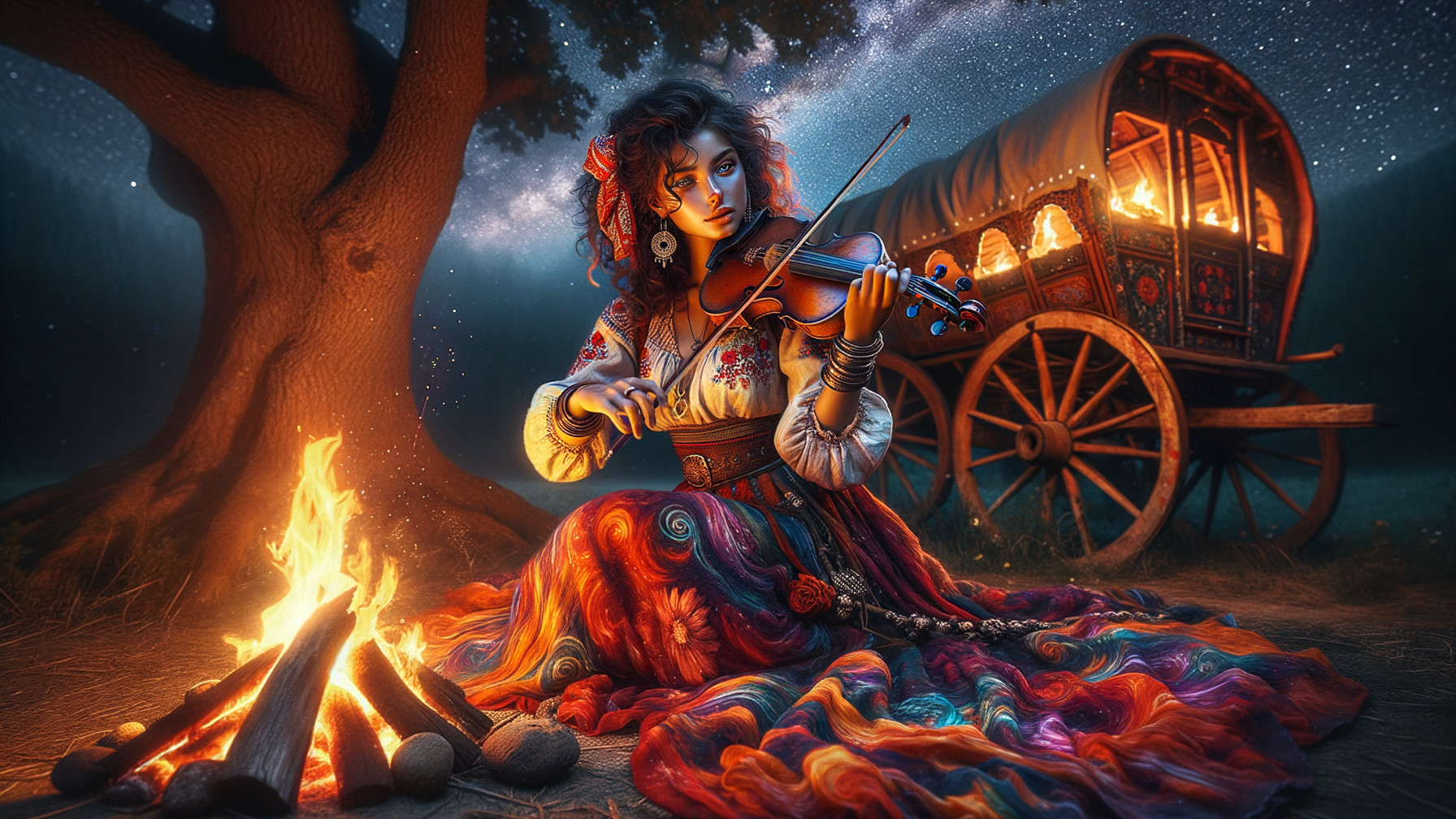 Young Woman Playing Violin by Campfire at Night
