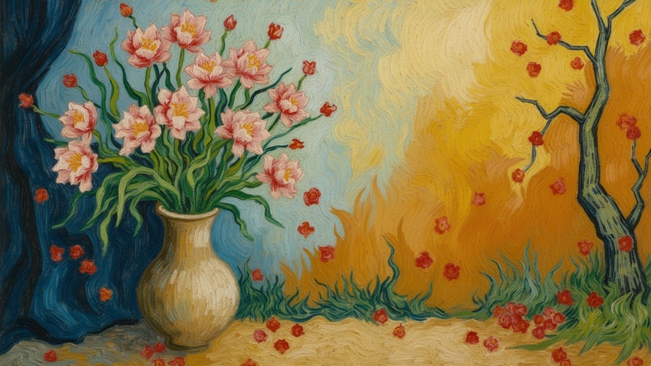 Still Life Painting with Pink Flowers and Vibrant Background