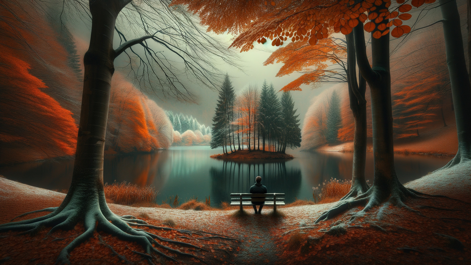 Autumn Forest Scene with Tranquil Lake Reflection