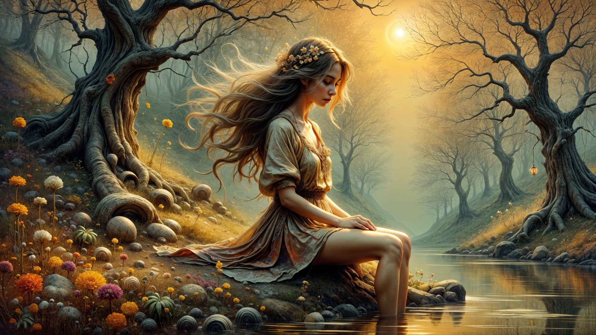 Serene Young Woman by Tranquil River at Dawn