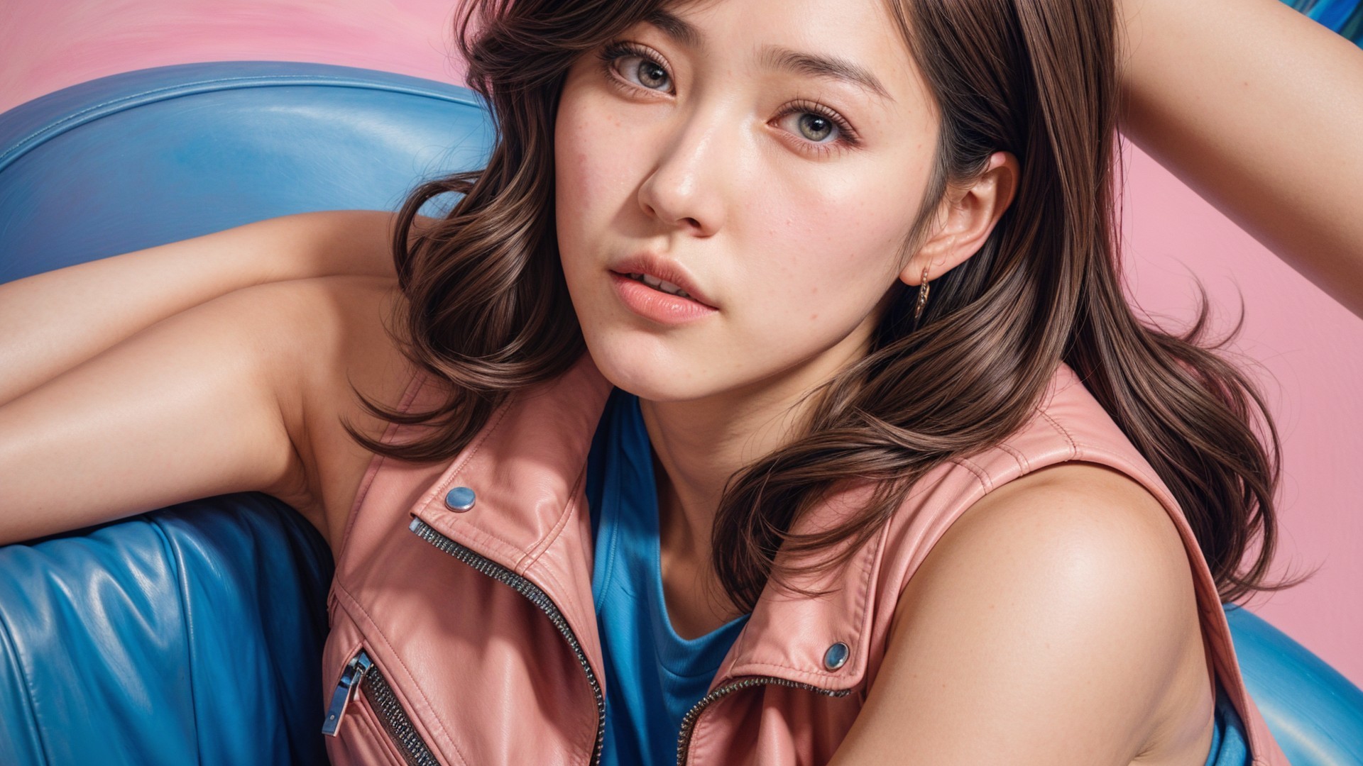 Young woman in pink vest seated in blue chair