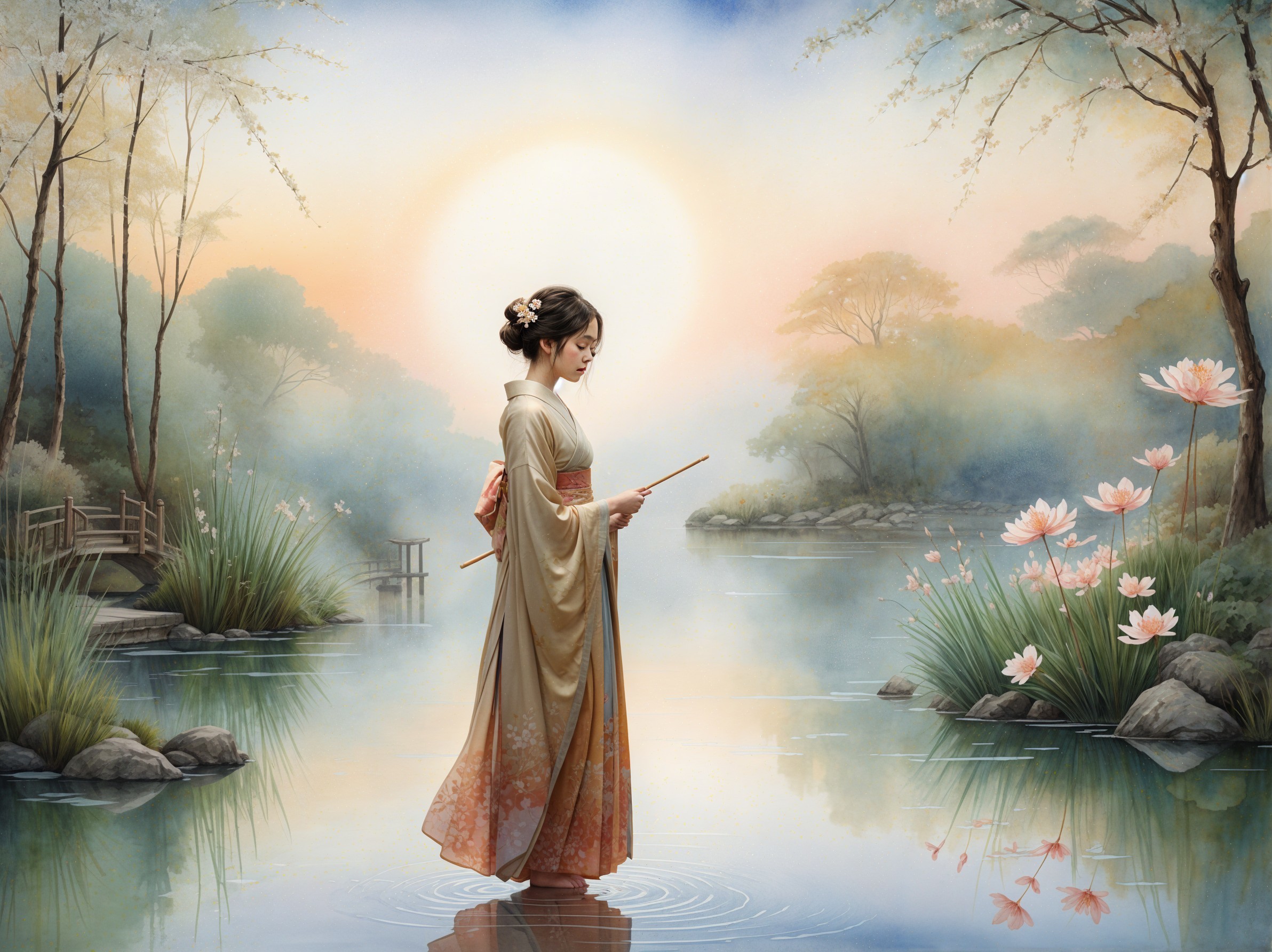 Young Woman in Kimono by Lotus Flowers at Sunrise