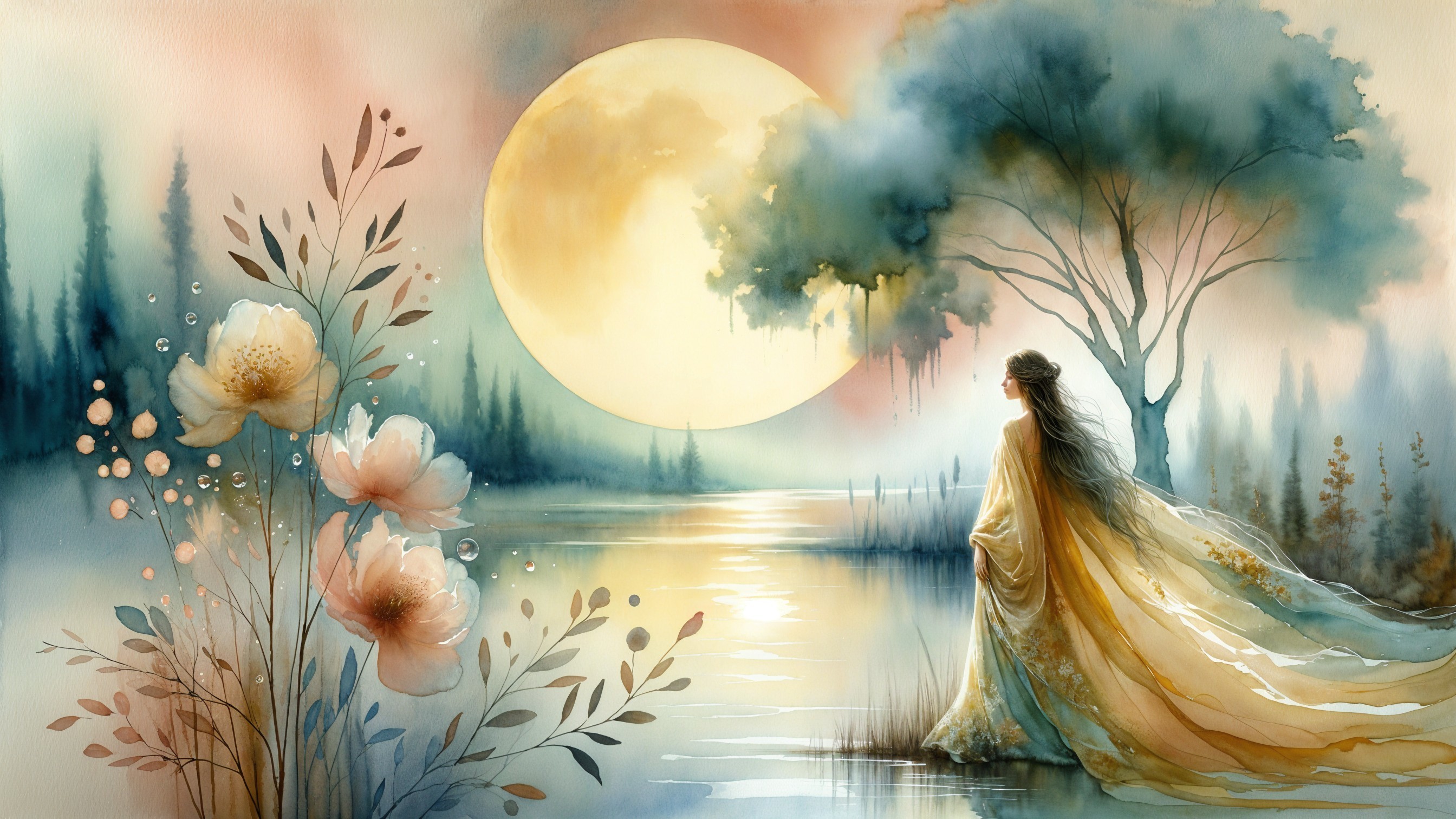 Tranquil Lake and Moonlit Landscape with Woman