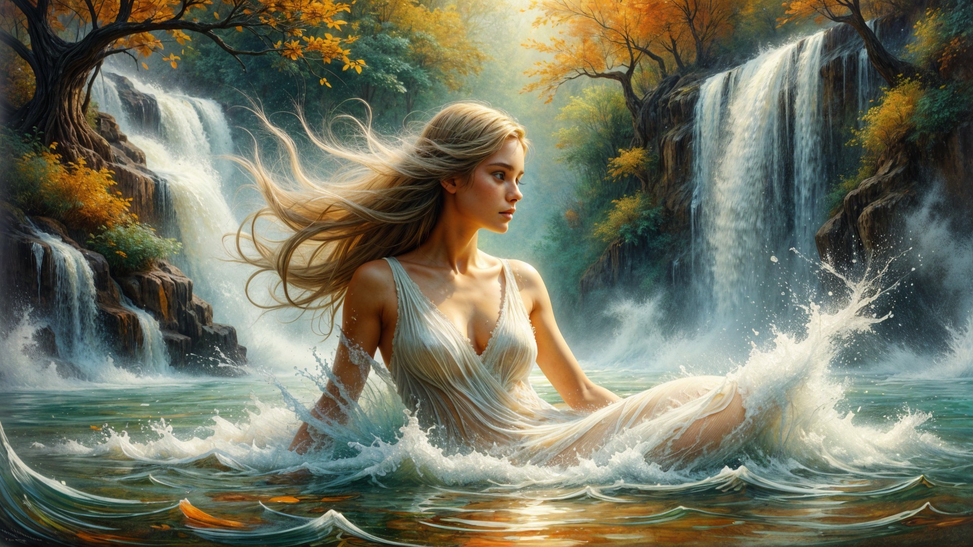 Young Woman in Tranquil Pool with Waterfalls and Foliage